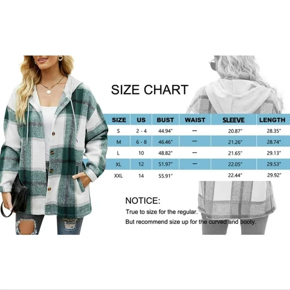 MOSHU Flannel Shirts for Women Button Down Plaid Shirt Hooded Shacket Jacket - Picture 4 of 4